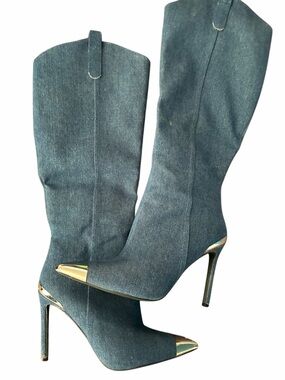 JustFab Denim Knee-High Stiletto Boots with silver accents